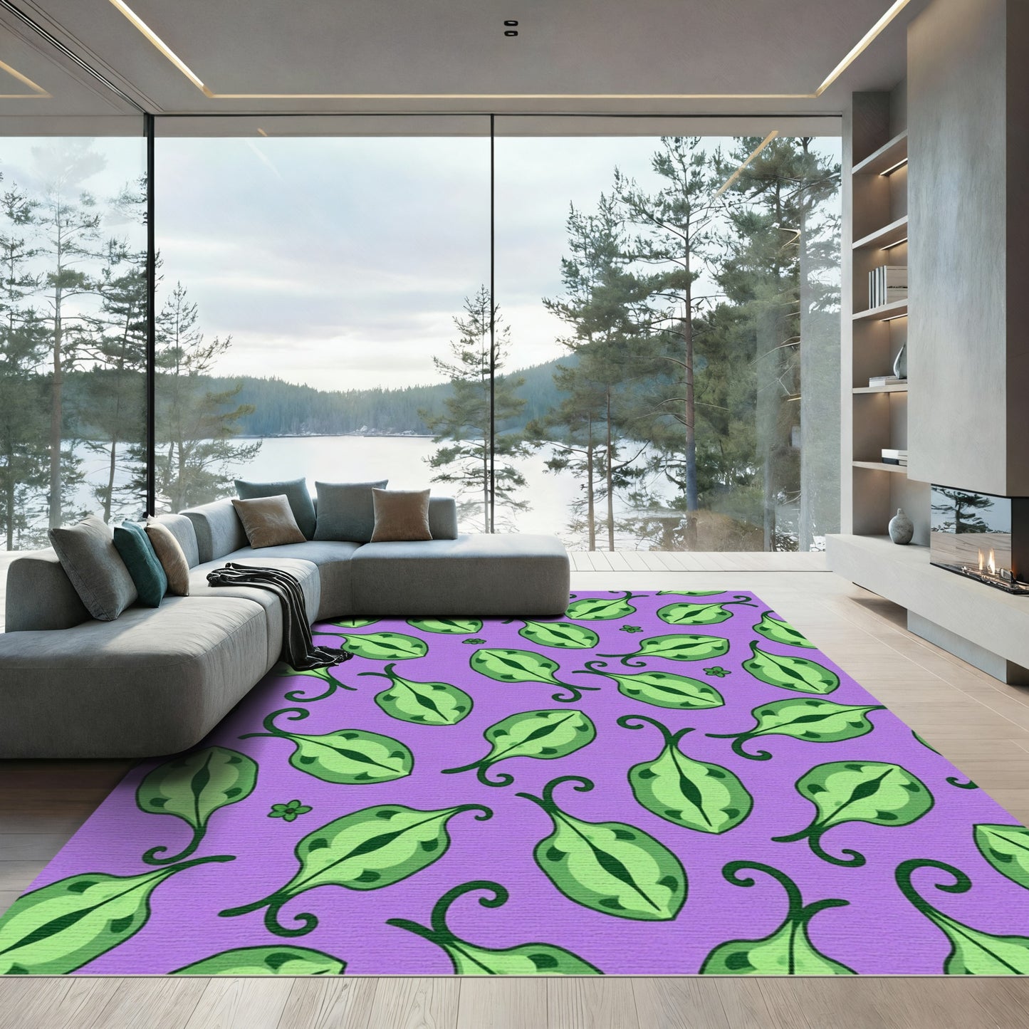 Lilac Green Stylized Leaf Pattern Rug