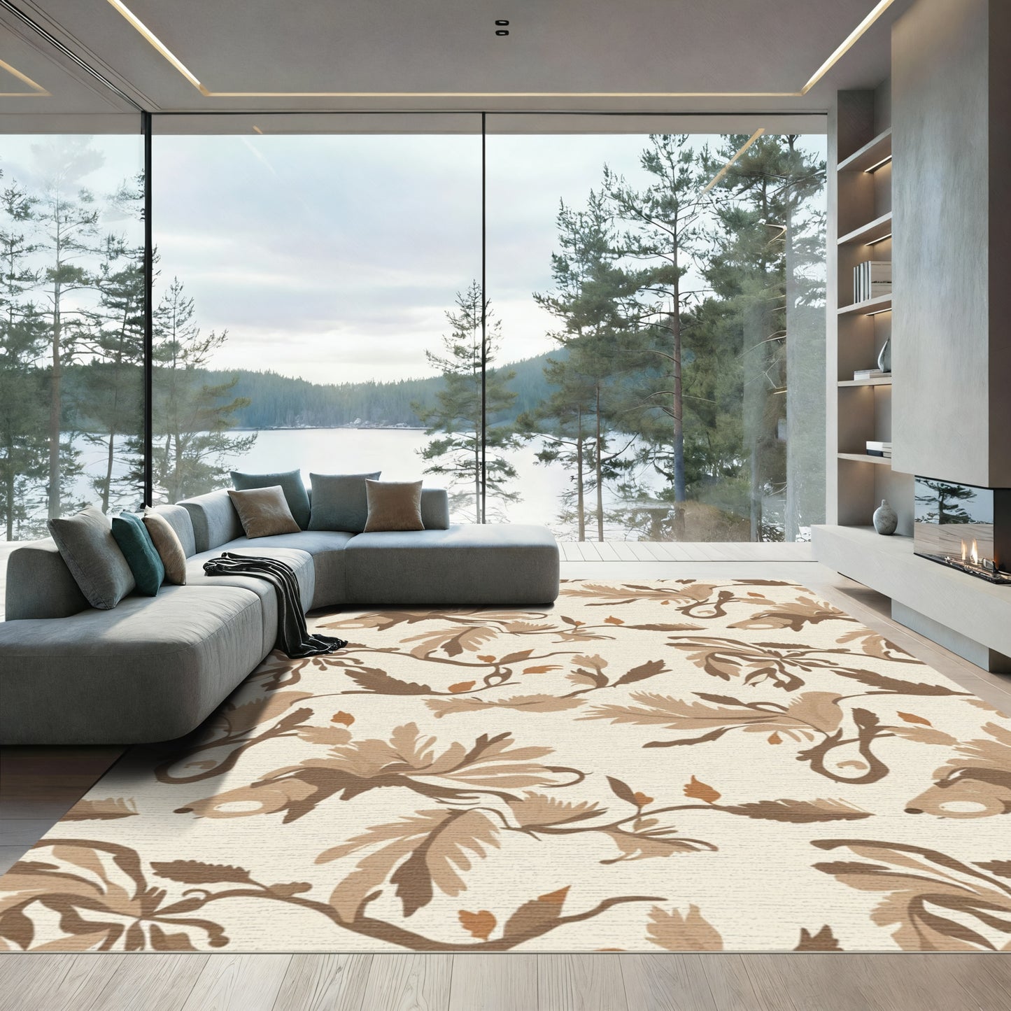 Brown and Beige Floral Branches Rug