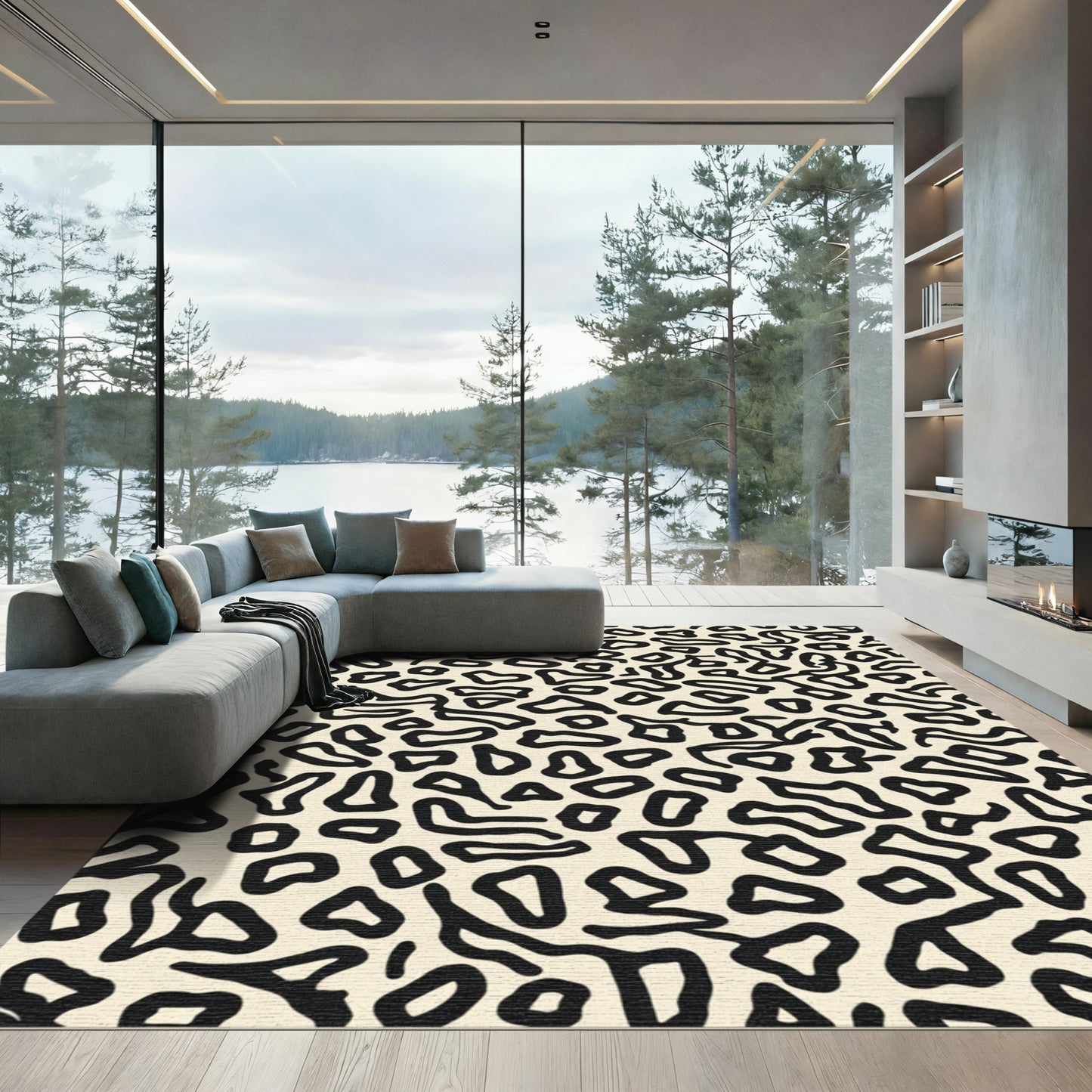 Organic Black Cream Abstract Leopard Rug