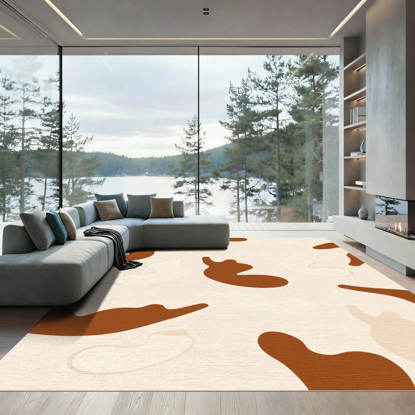 Abstract Brown White Organic Shapes Rug