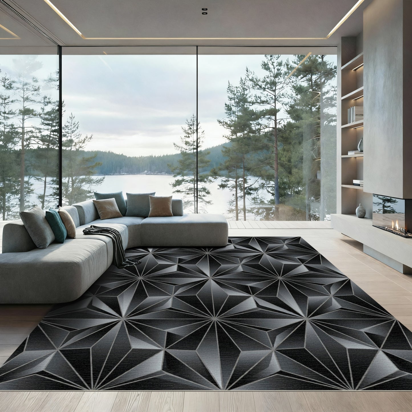Dark Gray Geometric Faceted Star Rug