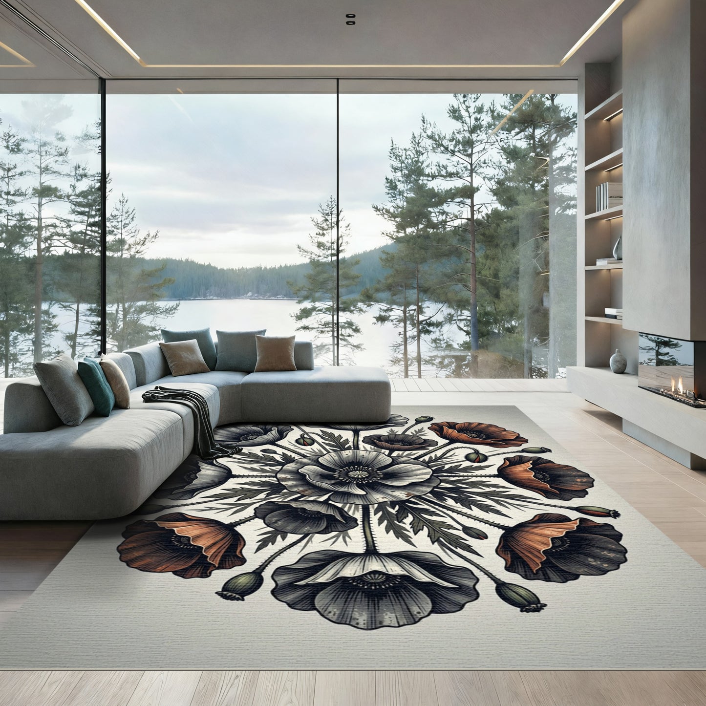 Monochromatic Floral Poppy Mandala Rug