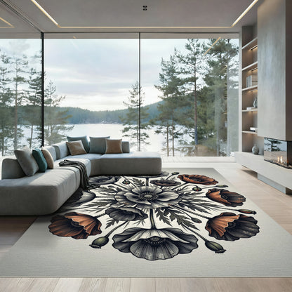 Monochromatic Floral Poppy Mandala Rug