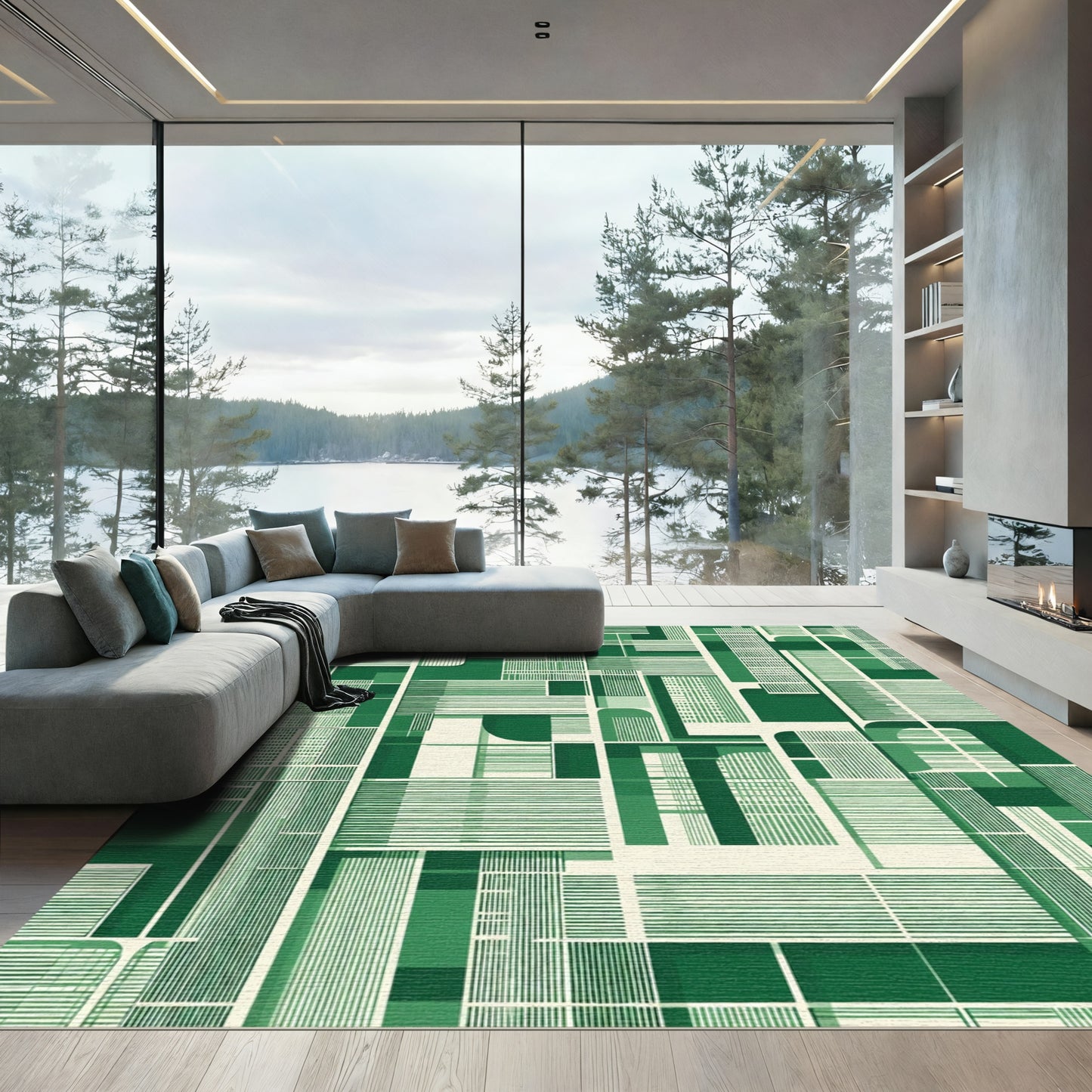 Deep Forest Green Geometric Abstract Rug