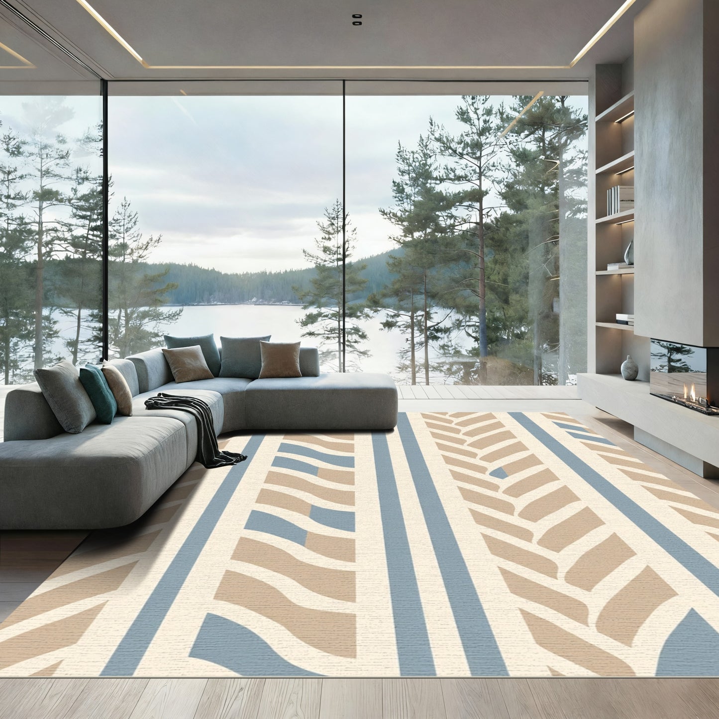 Neutral Blue Intertwined Stripe Accordion Rug