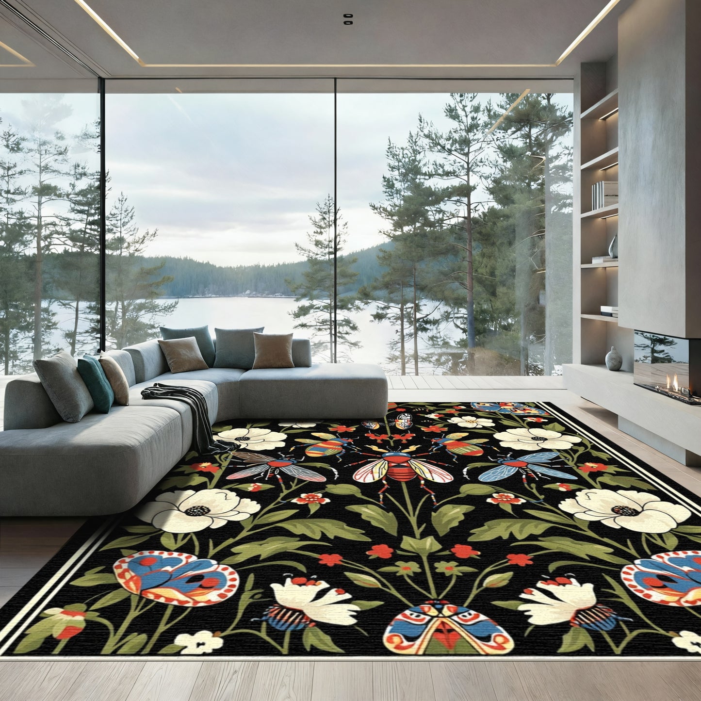 Whimsical Emerald Butterfly Insect Garden Rug