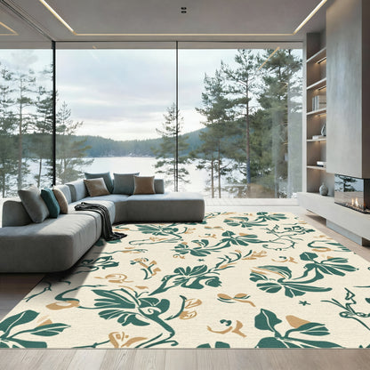 Cream Emerald Botanical Floral Artwork Rug