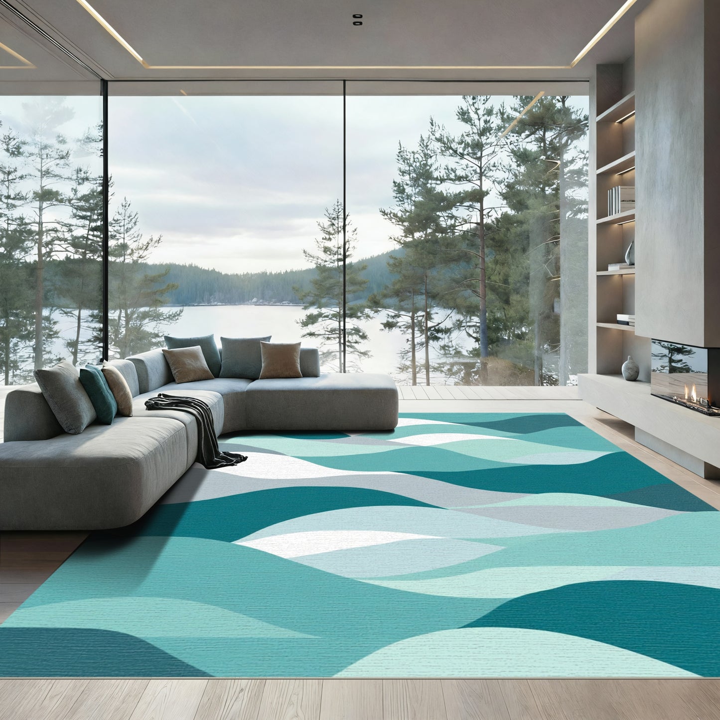 Oceanic Waves Teal Blue Serene Flow Rug