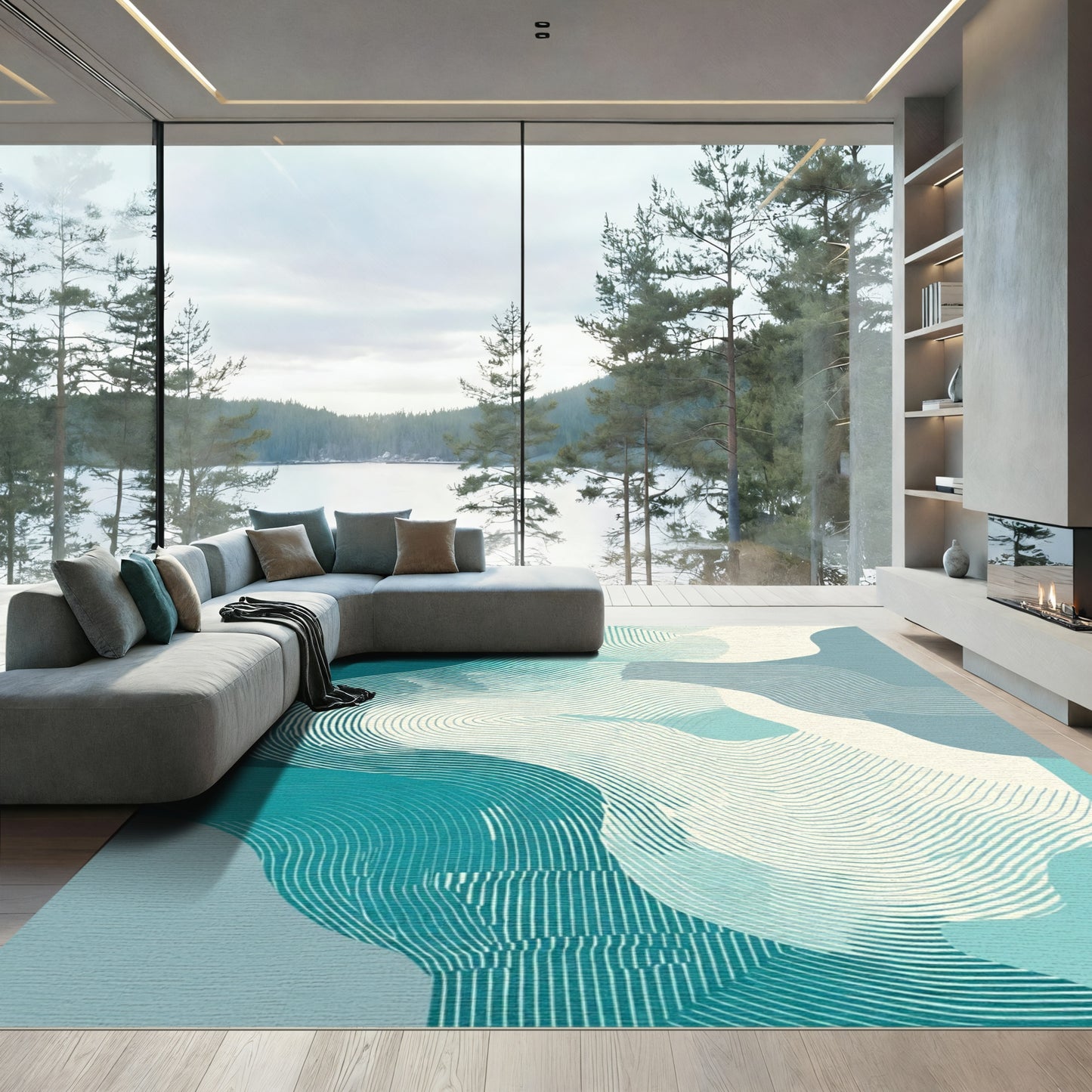Teal Abstract Contour Waves Rug