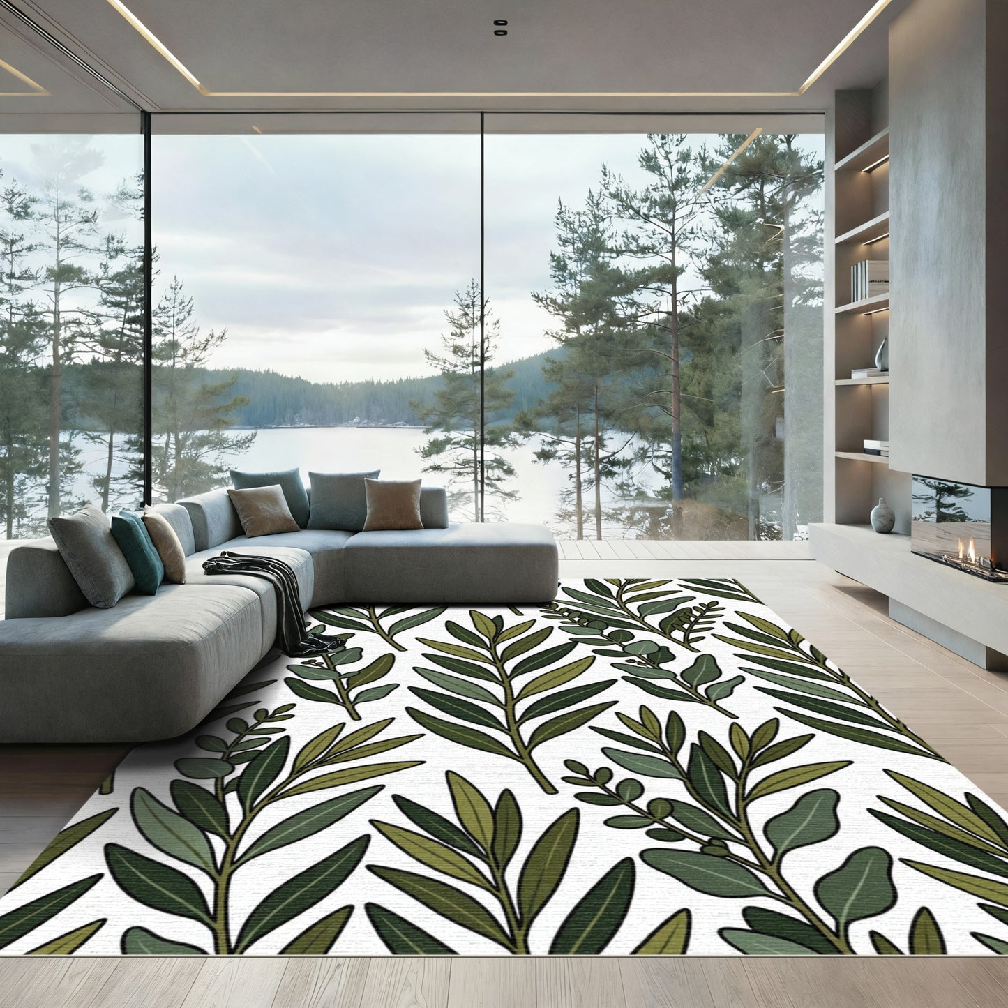 Green Leafy Botanical Branches Rug
