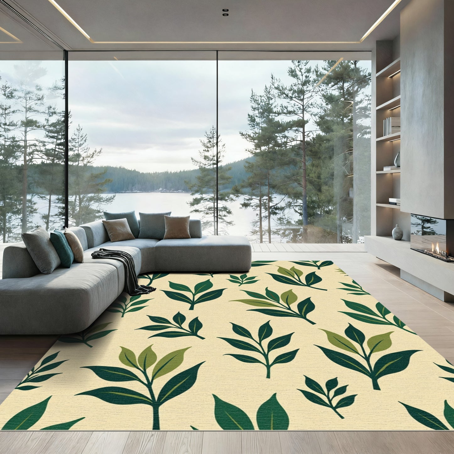 Green Leafy Branches Scattered Pattern Rug