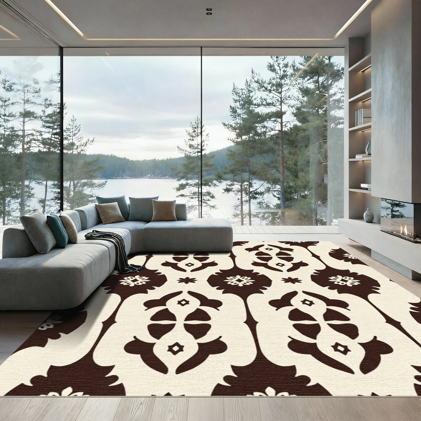 Sepia Damask Floral Arch Rug