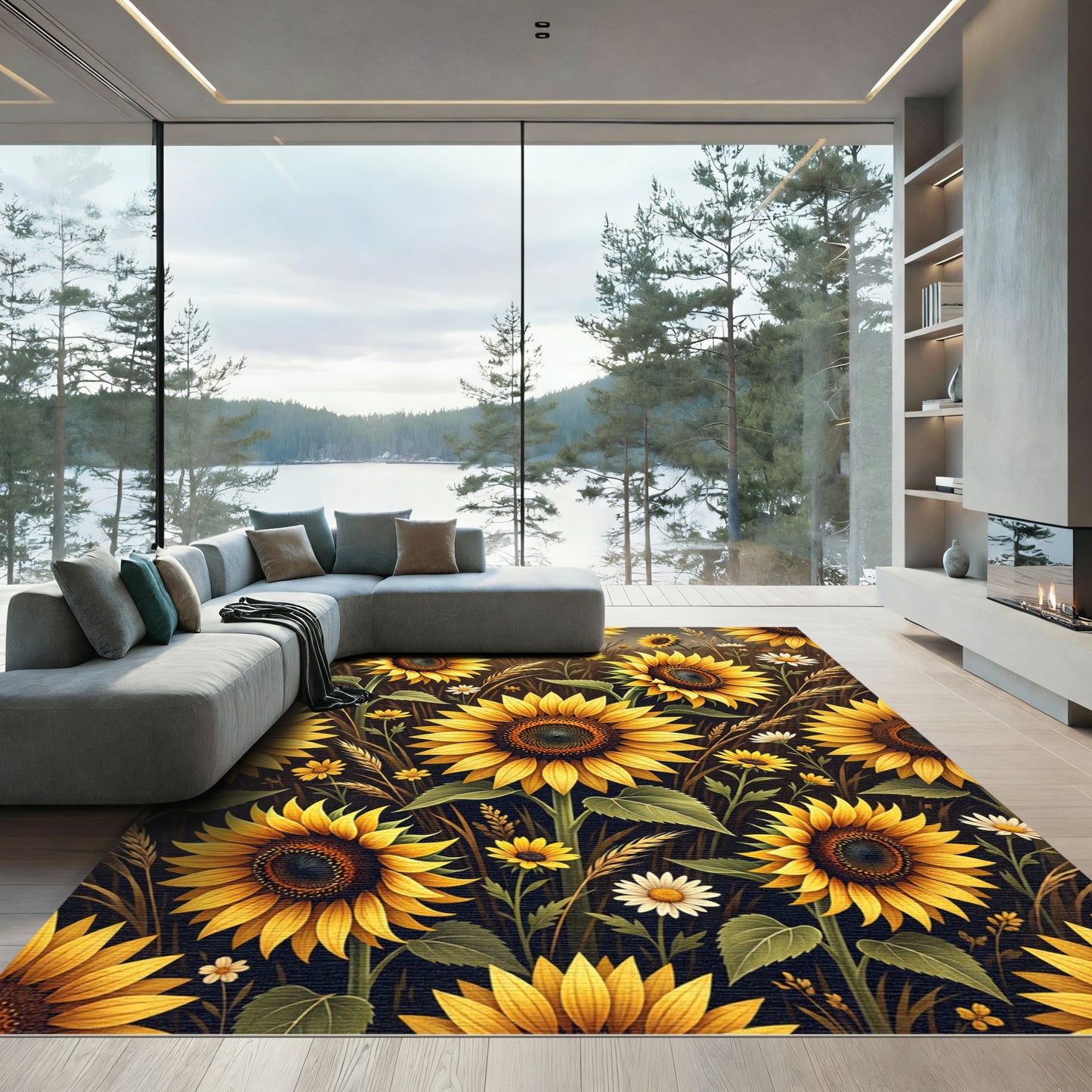 Golden Sunflower Meadow Field Rug