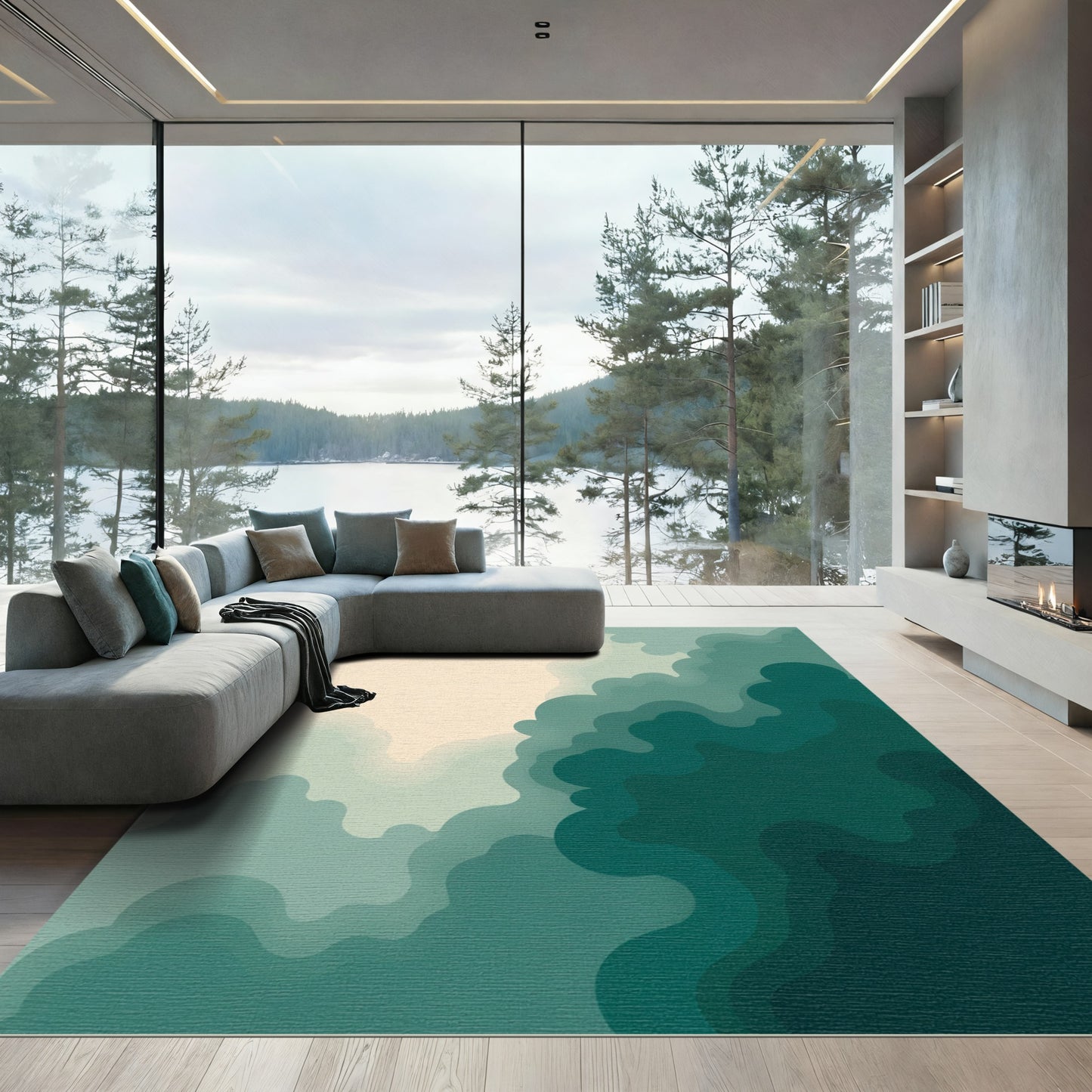 Deep Teal Abstract Layered Clouds Rug