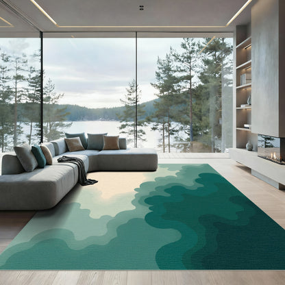 Deep Teal Abstract Layered Clouds Rug