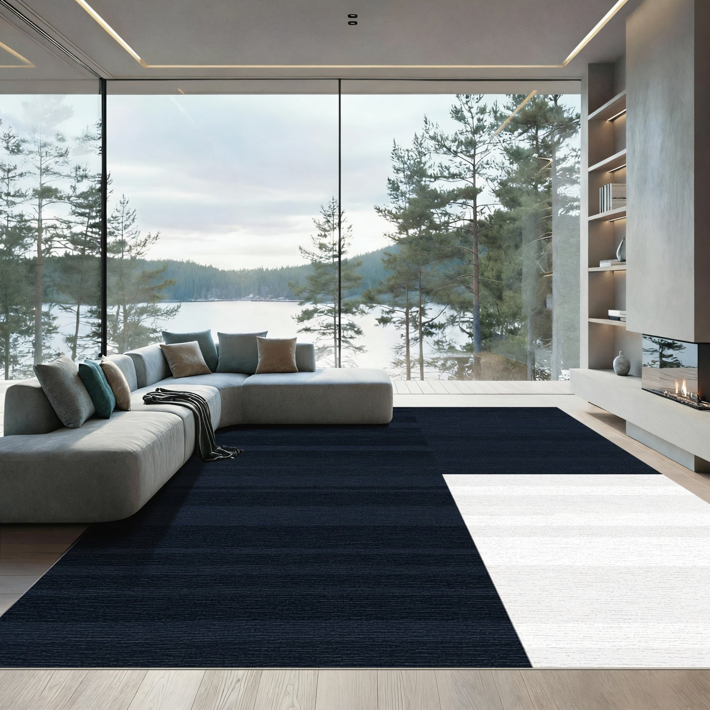 Dark Blue White Horizontal Stripe Rug