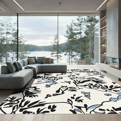 Abstract Black Blue Floral Branch Art Rug