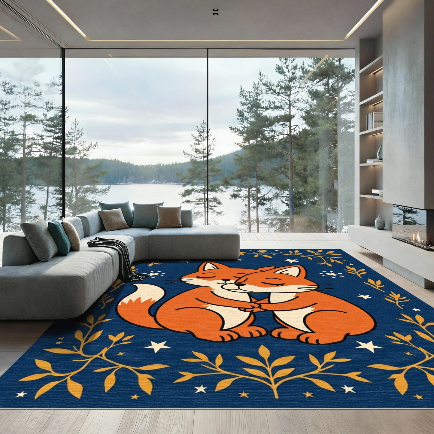 Golden Fox Embrace Night Sky Rug