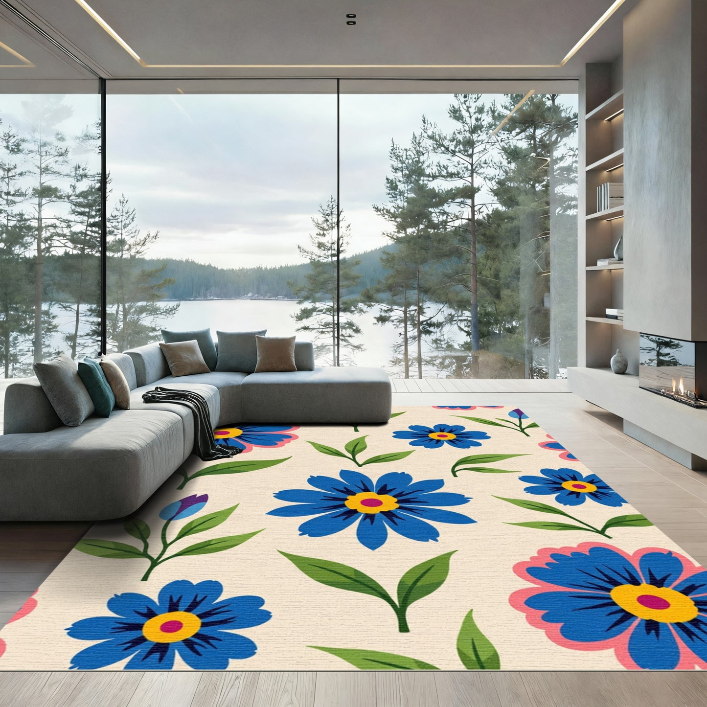 Delicate Blue Floral Bloom Rug