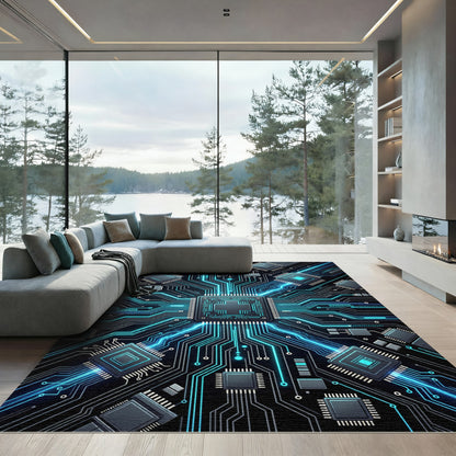 Circuit Board Neon Blue Energy Lines Rug