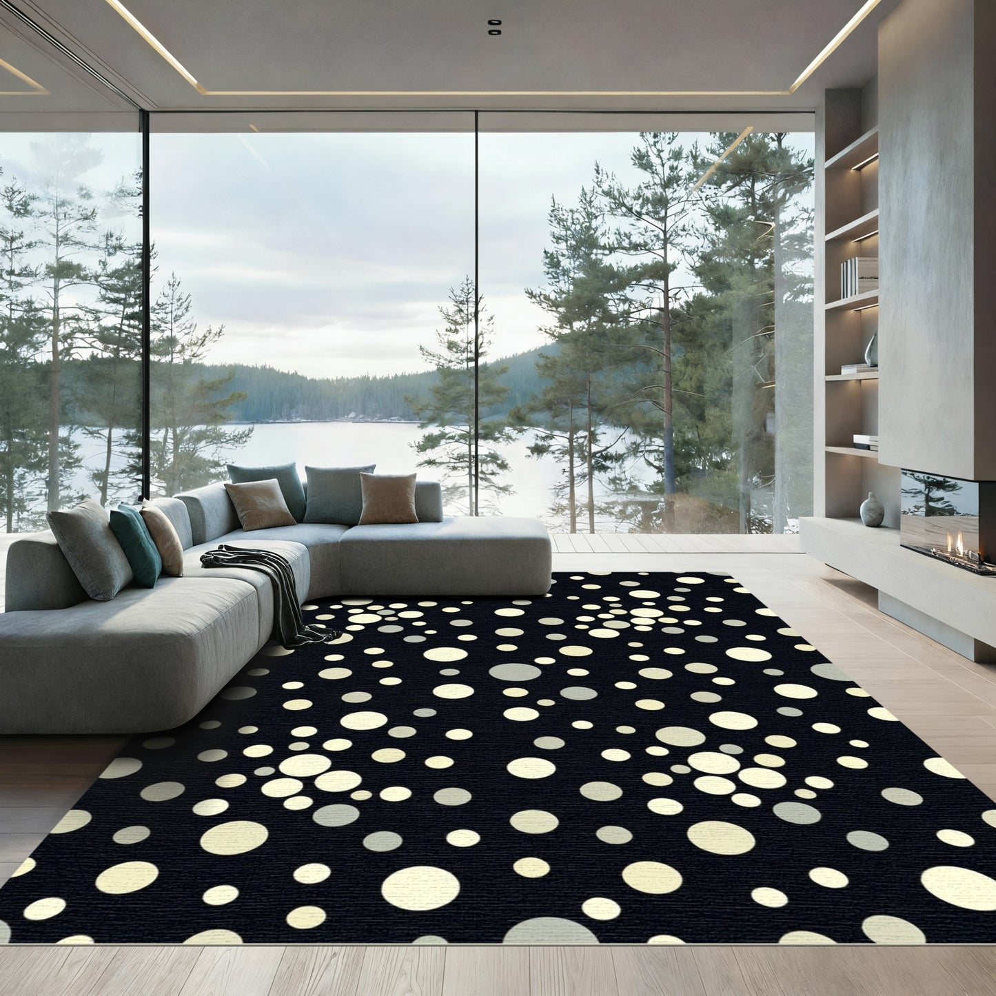 Modern Black Cream Scatter Circles Rug