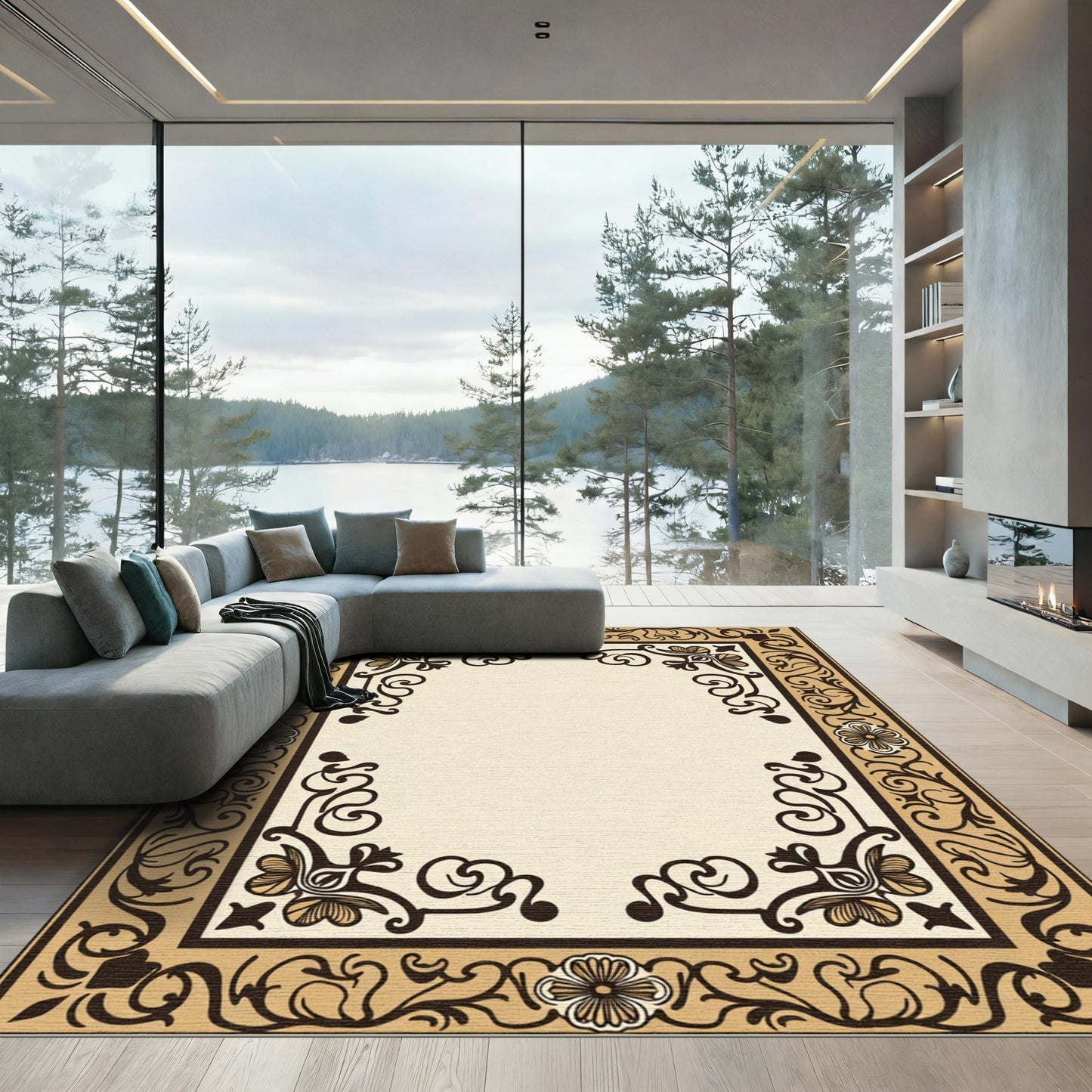 Vintage Beige Floral Scroll Border Rug
