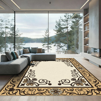 Vintage Beige Floral Scroll Border Rug