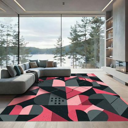 Pink Gray Geometric Heart Forms Rug