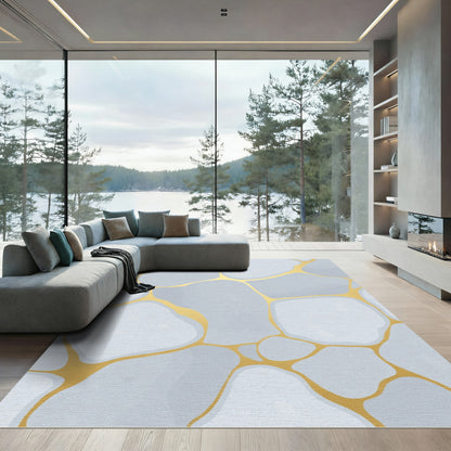 Modern Grey Gold Cracked Stone Rug