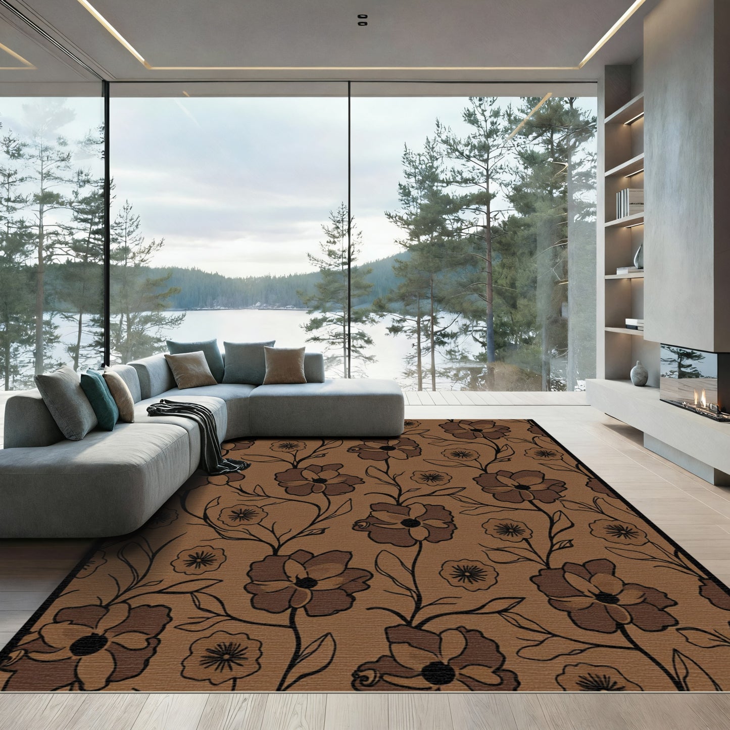 Brown Floral Vine Silhouette Rug