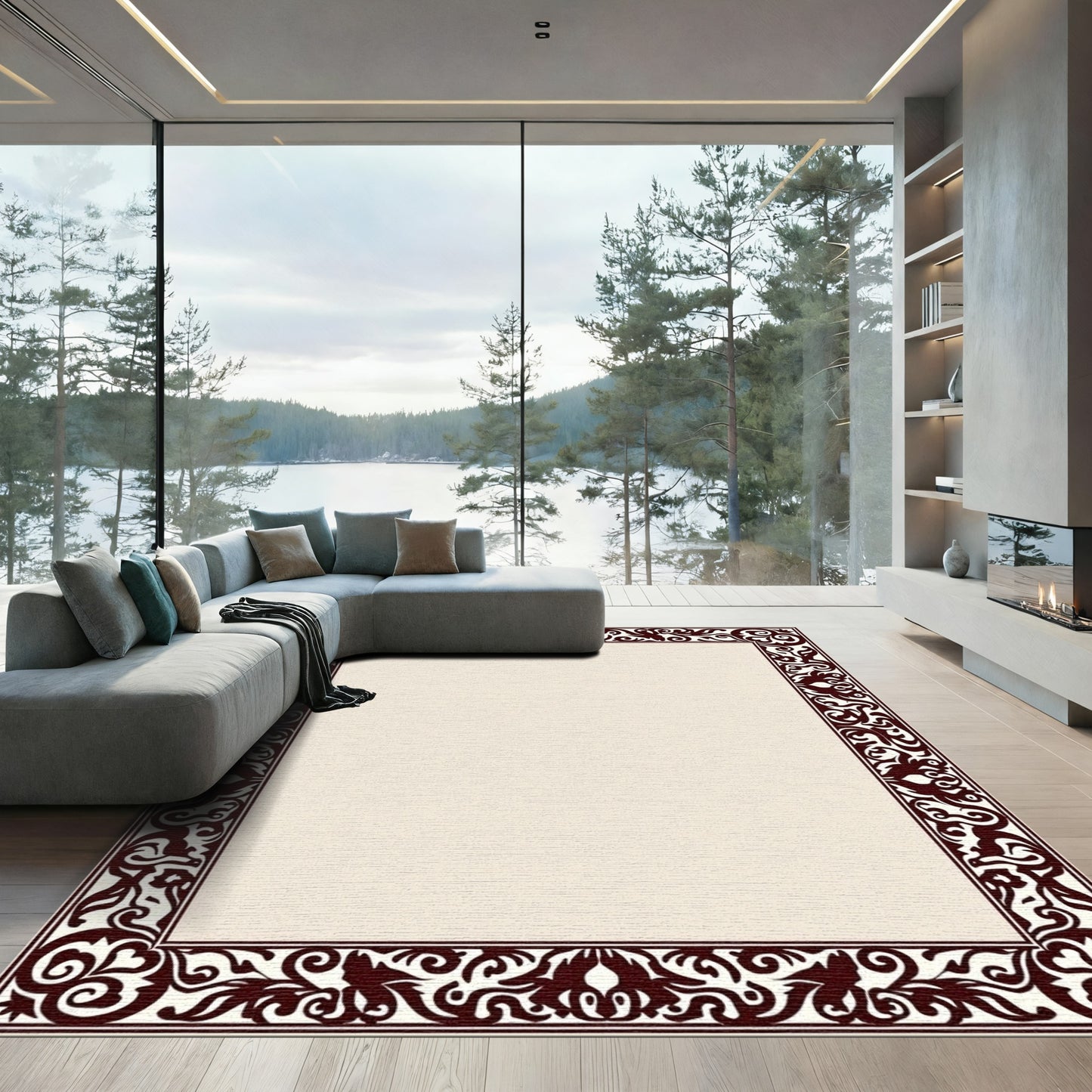 Deep Brown Ornate Flourish Border Rug