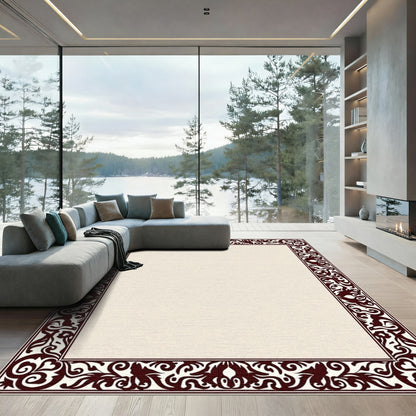 Deep Brown Ornate Flourish Border Rug
