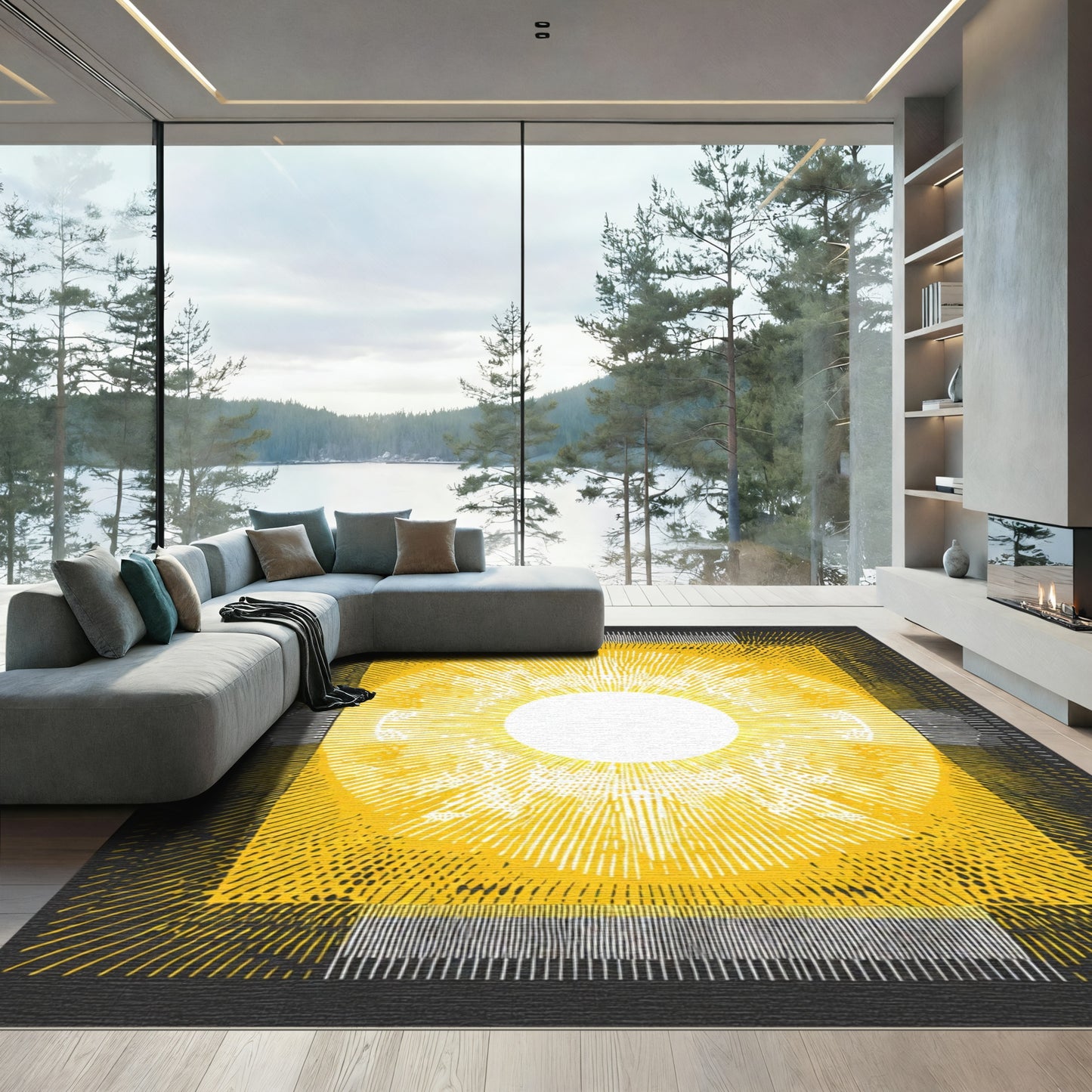 Radiant Yellow Sunburst Geometric Rectangles Rug