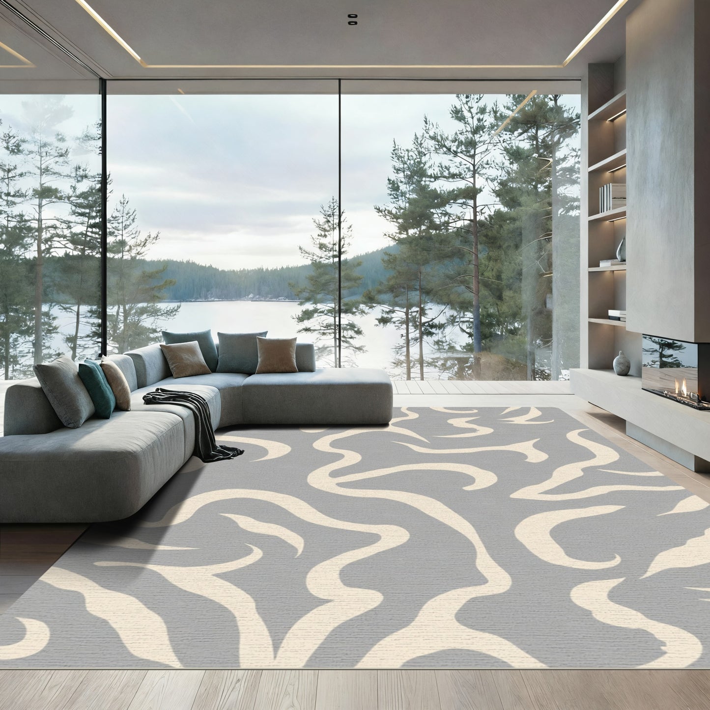 Pale Cream Abstract Swirls Gray Rug