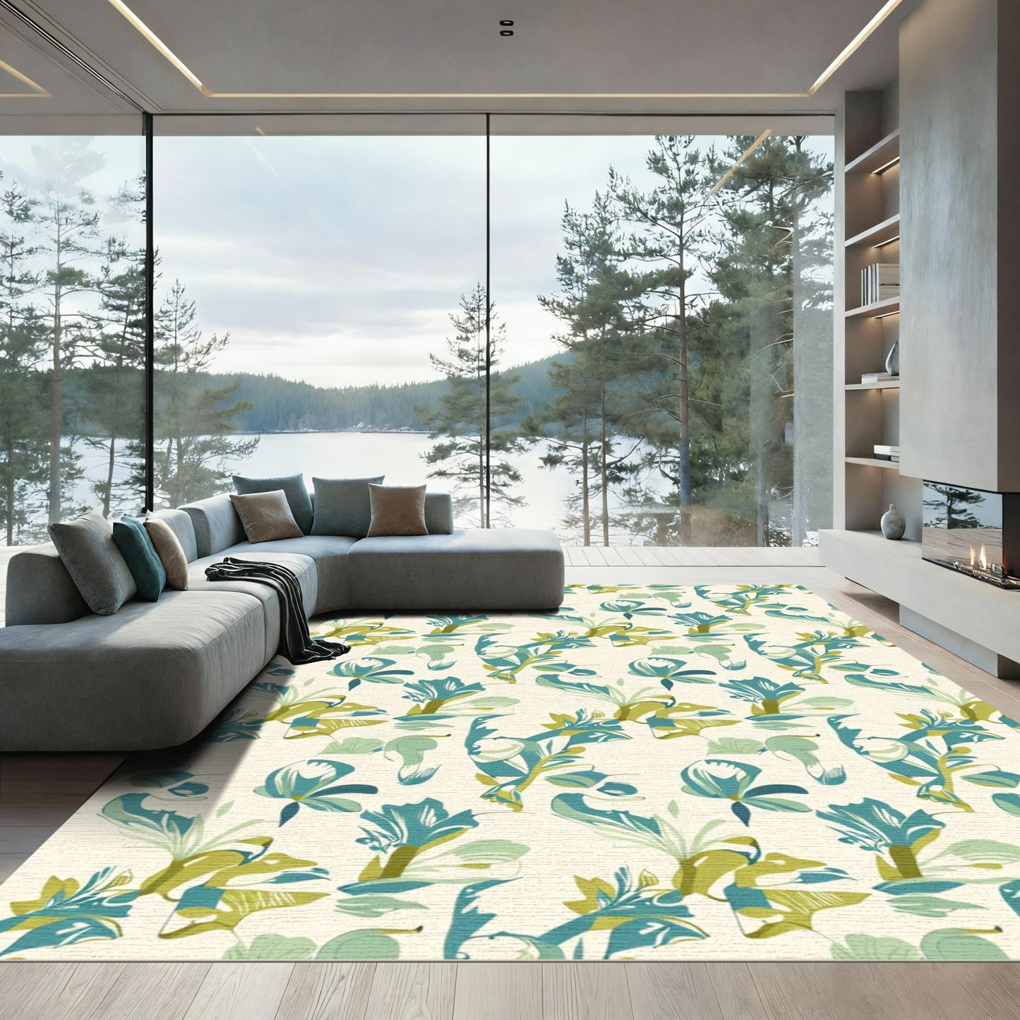 Muted Teal Green Botanical Repeats Rug