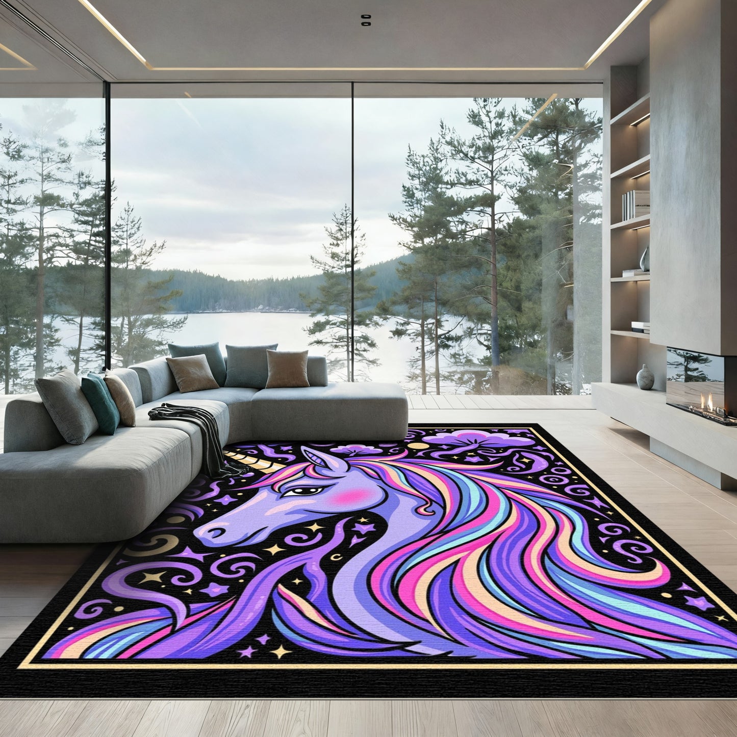 Whimsical Purple Unicorn Rainbow Mane Rug
