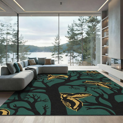 Dark Teal Autumn Forest Silhouette Creatures Rug