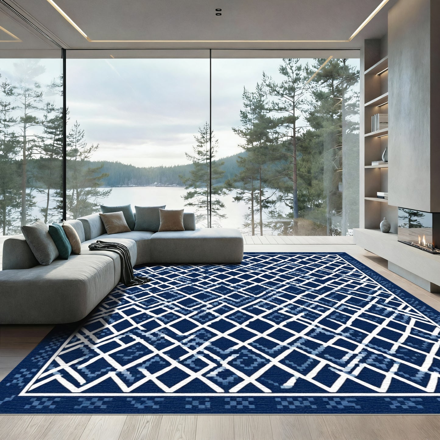 Indigo Blue Diamond Lattice Rug