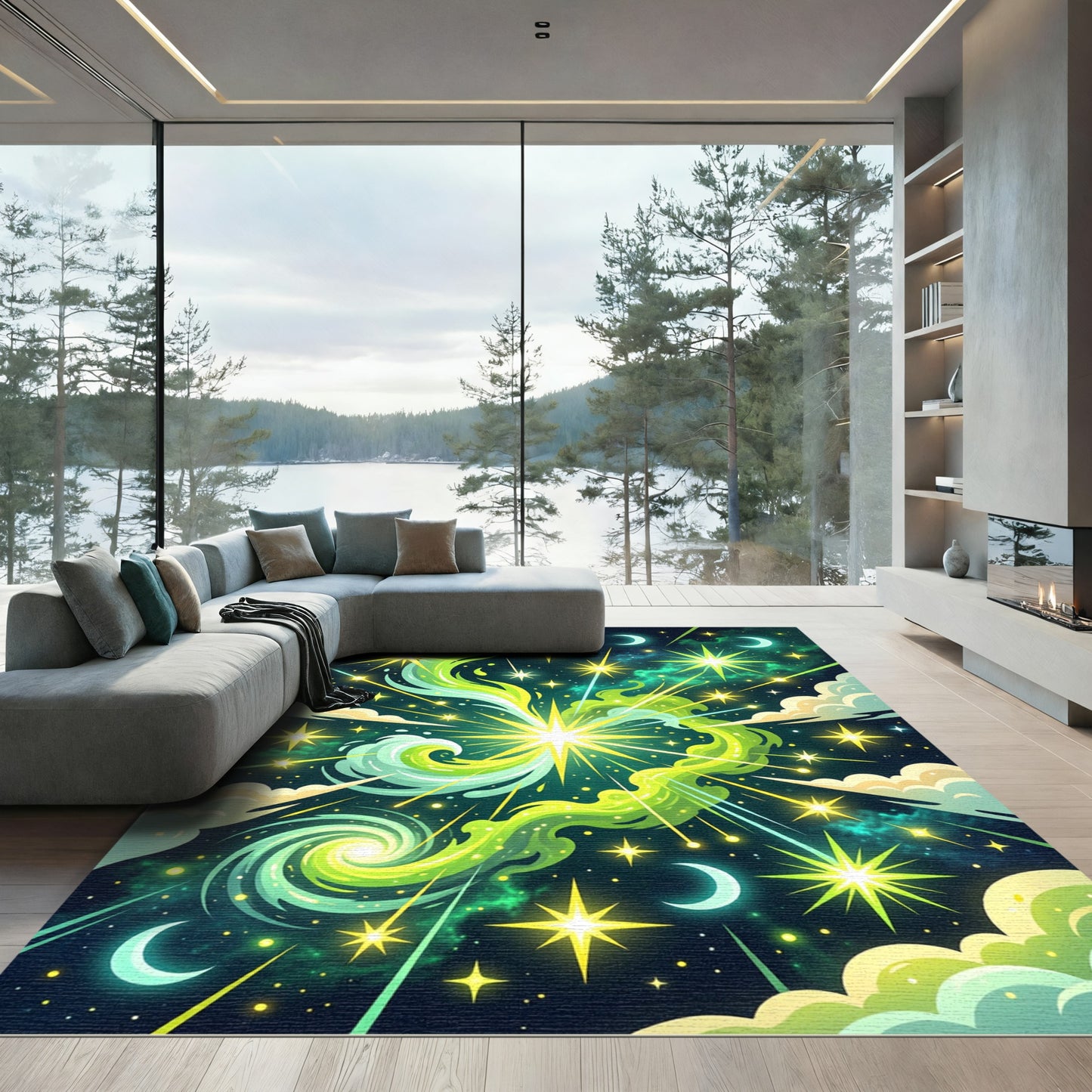 Cosmic Nebula Yellow Green Swirl Rug