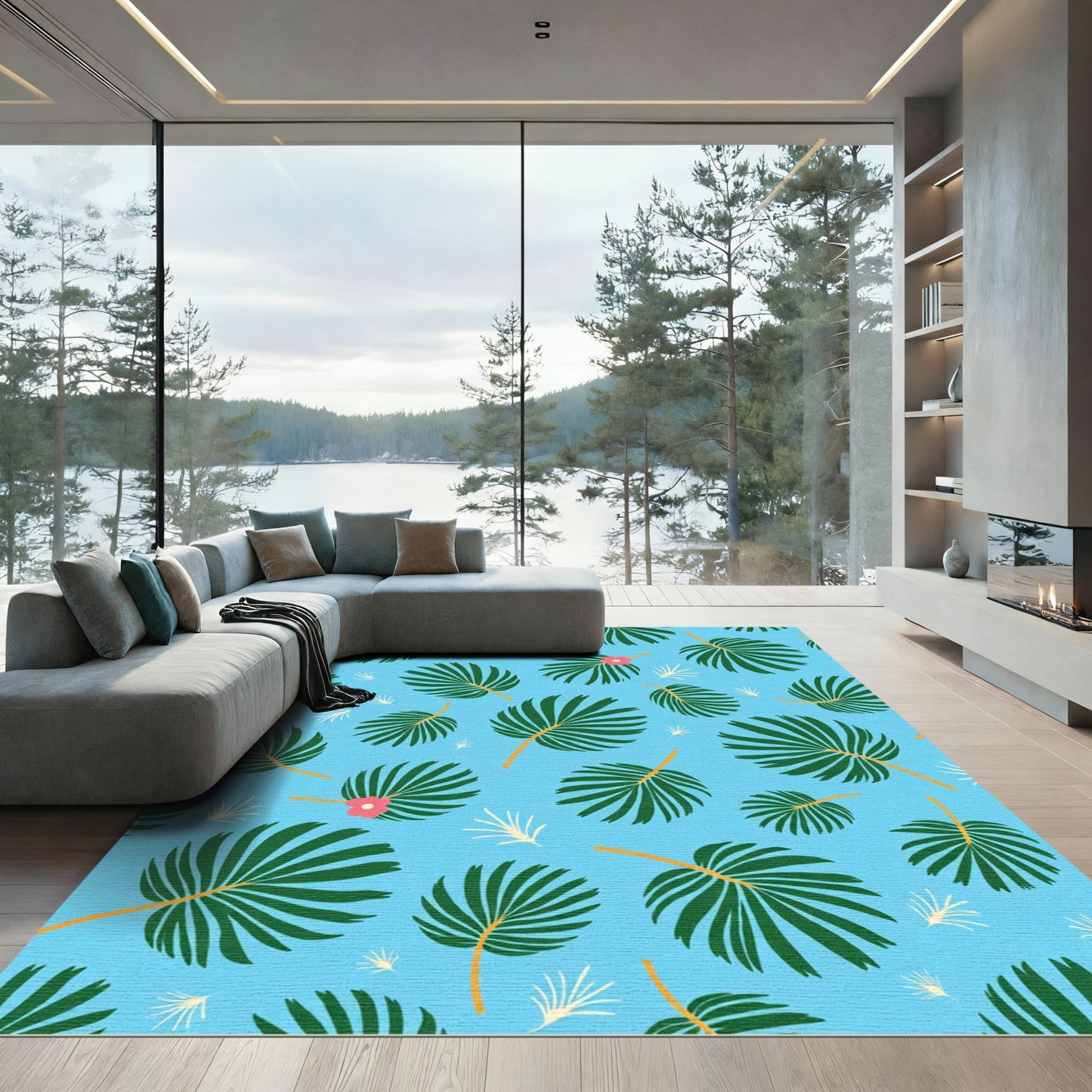 Aqua Green Leaf Blossom Scattered Rug