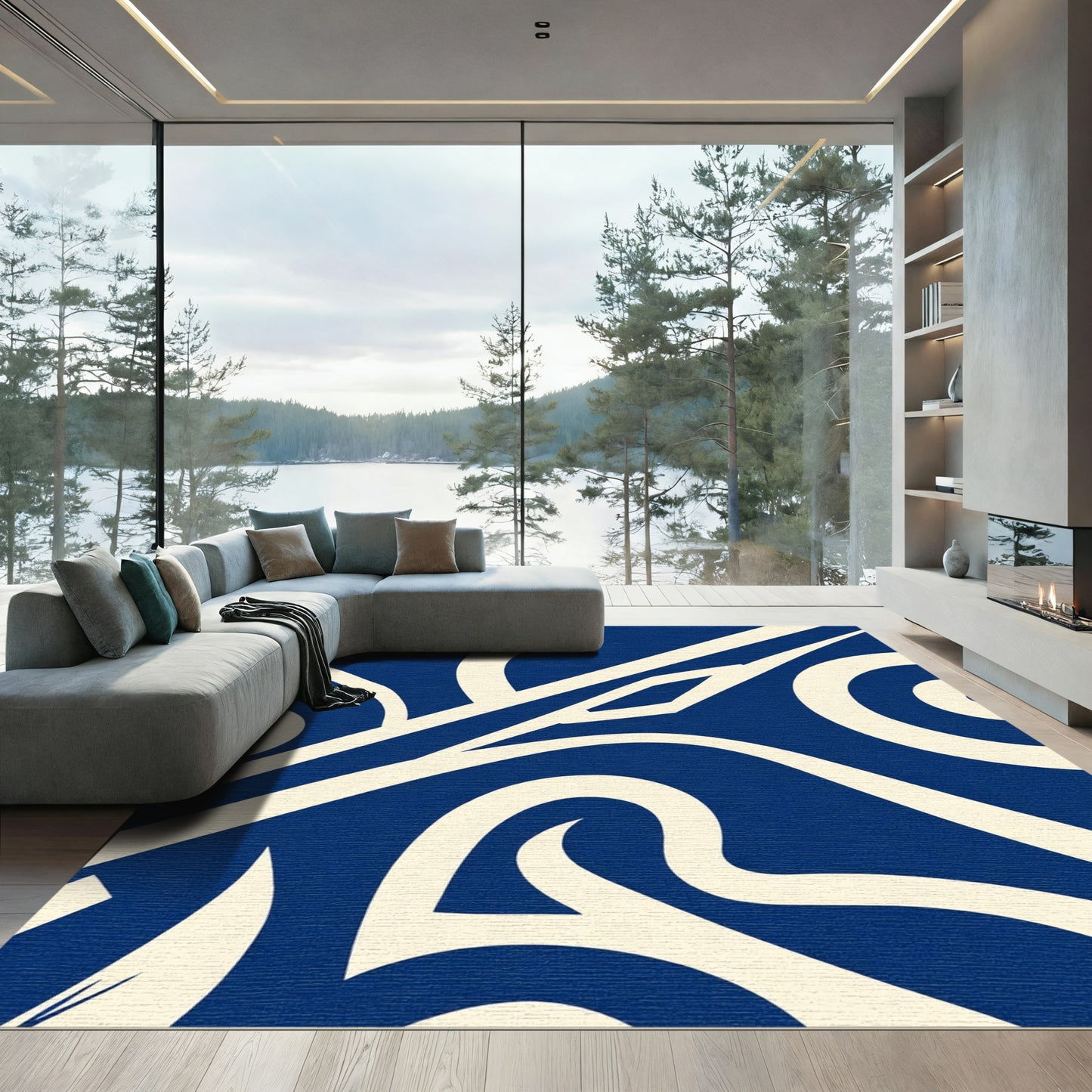 Navy Cream Abstract Swirl Art Rug