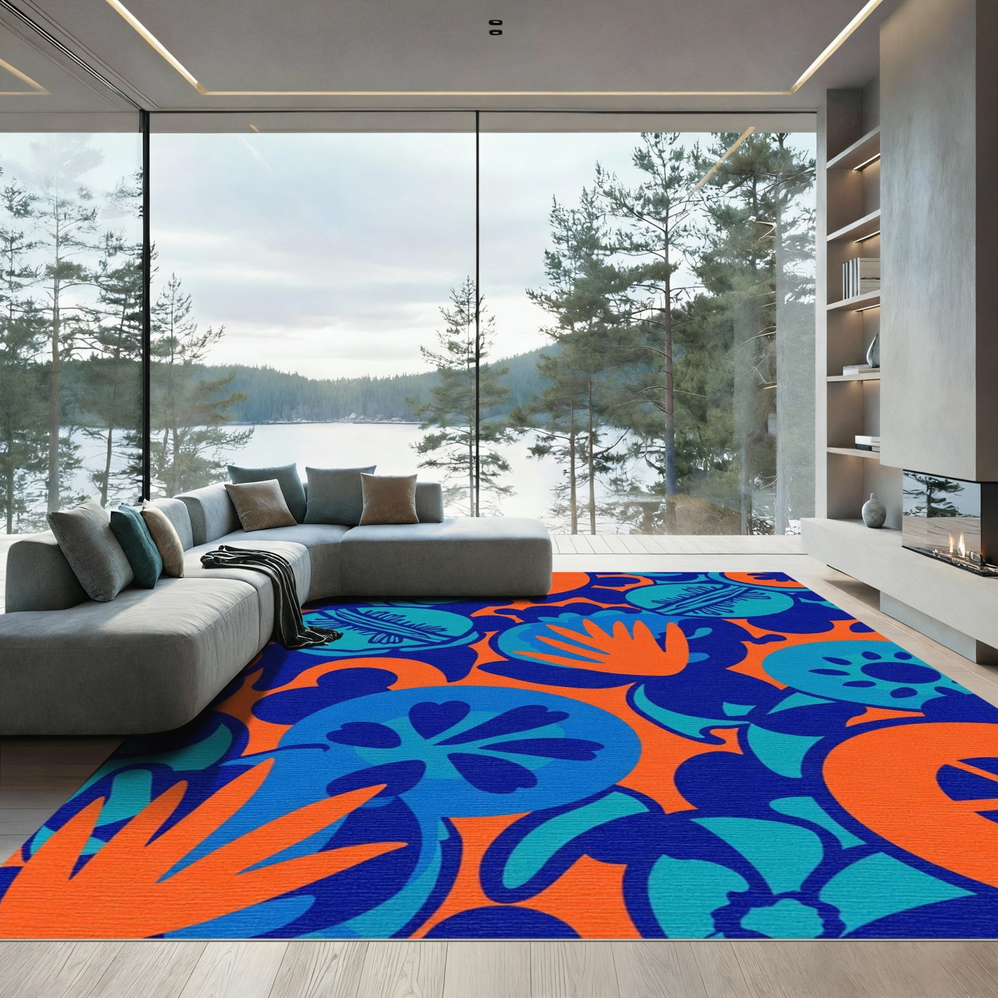 Bold Orange Blue Floral Medley Rug