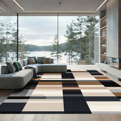 Geometric Block In Brown Beige Grey Rug
