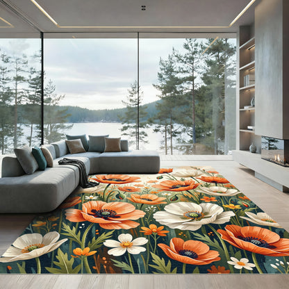 Whimsical Orange White Poppies Meadow Rug