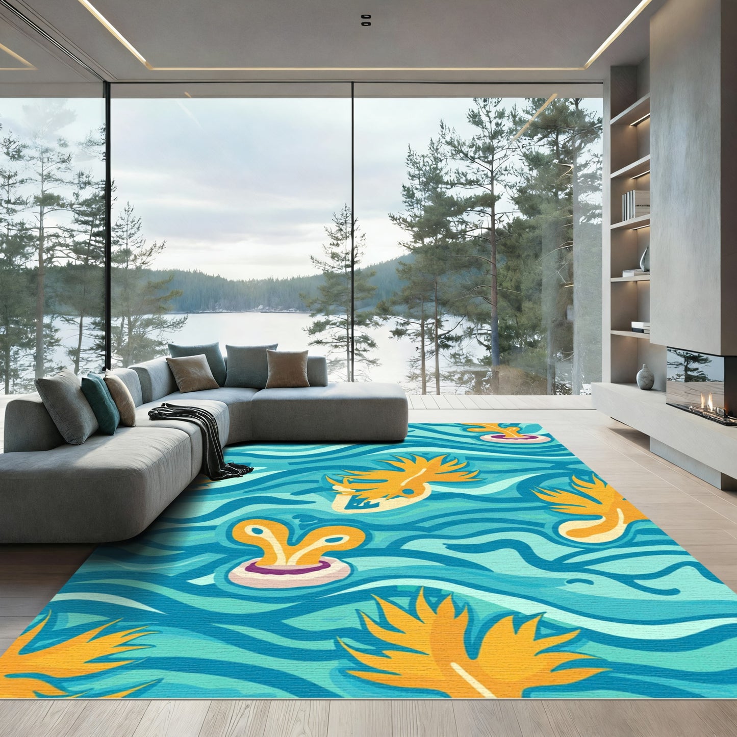 Vibrant Aqua Coral Abstract Waves Rug