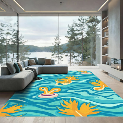 Vibrant Aqua Coral Abstract Waves Rug