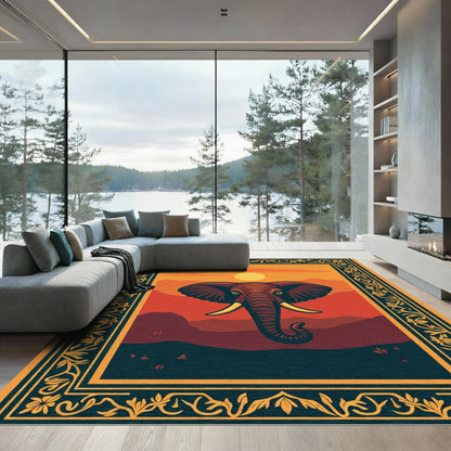 Sunset Elephant Landscape Border Rug