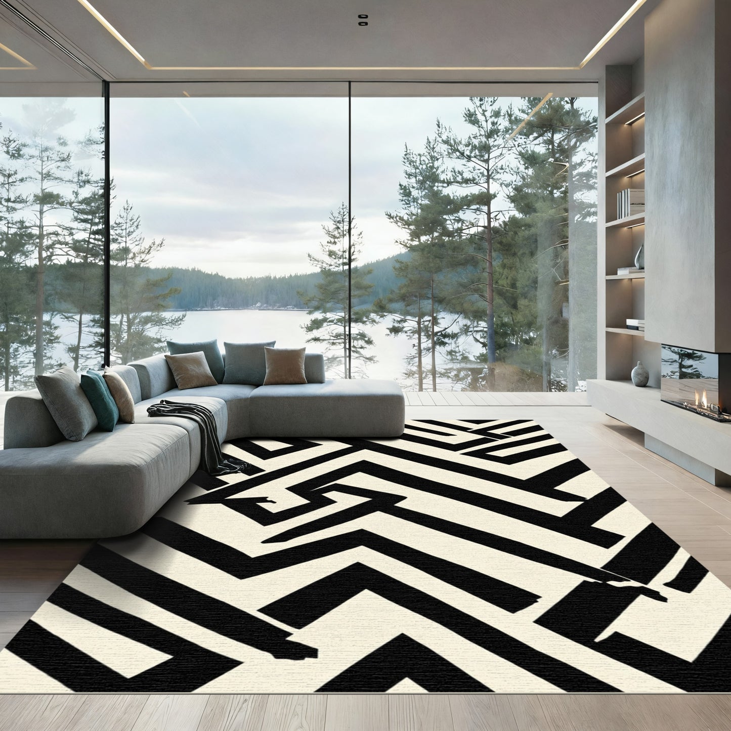 Bold Black Cream Geometric Maze Rug