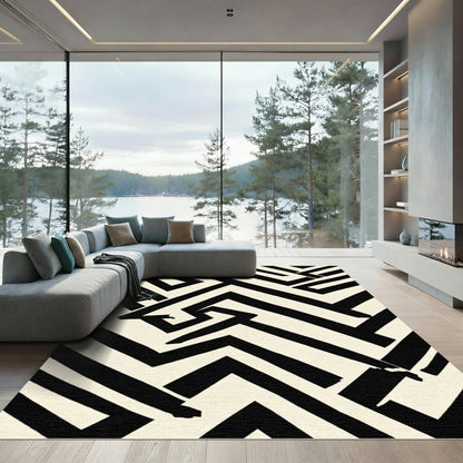 Bold Black Cream Geometric Maze Rug