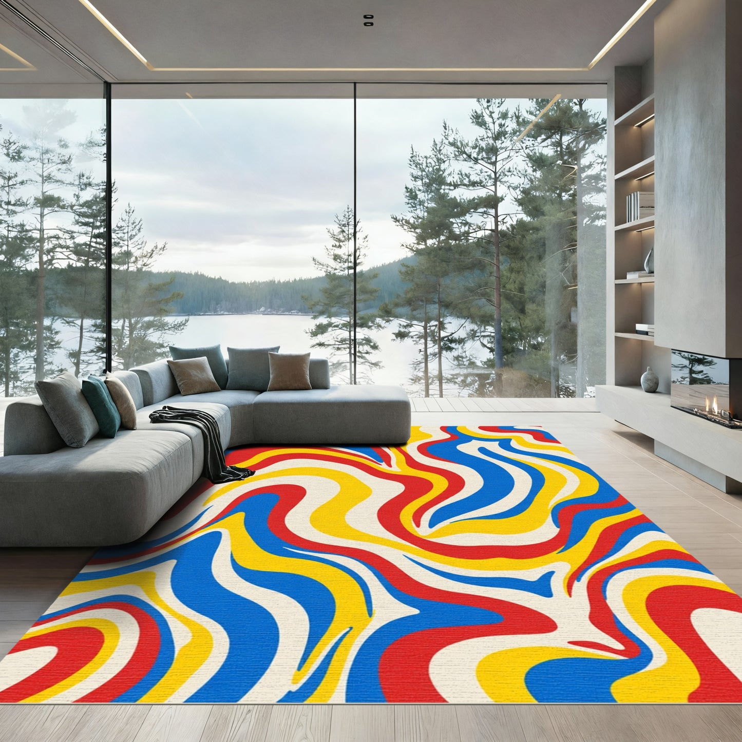 Bold Red Blue Yellow Swirl Rug